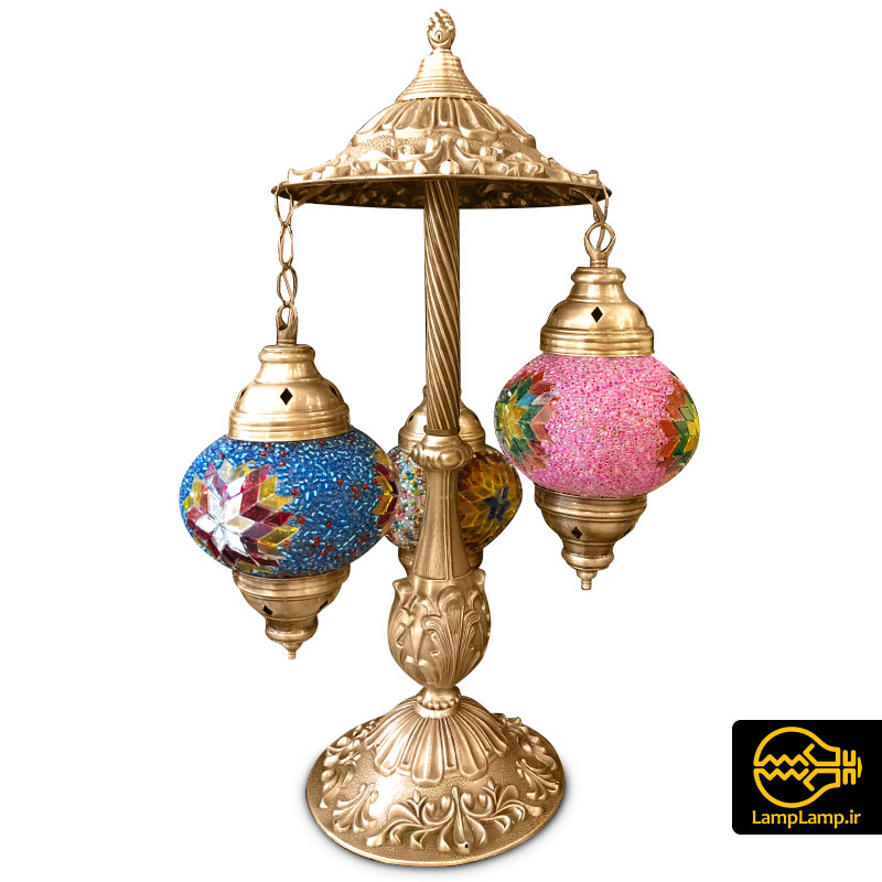 آباژور رومیزی مراکشی ترکی طلایی مات سه حباب
