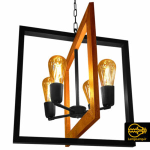 چراغ لوستر آویز 4 شعله ترکیب چوب و فلز مربع