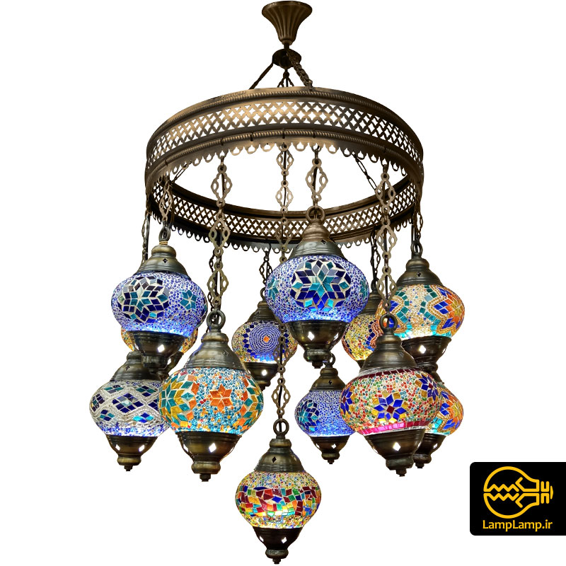 لوستر آویز مراکشی ۱۳ حباب شیشه ای